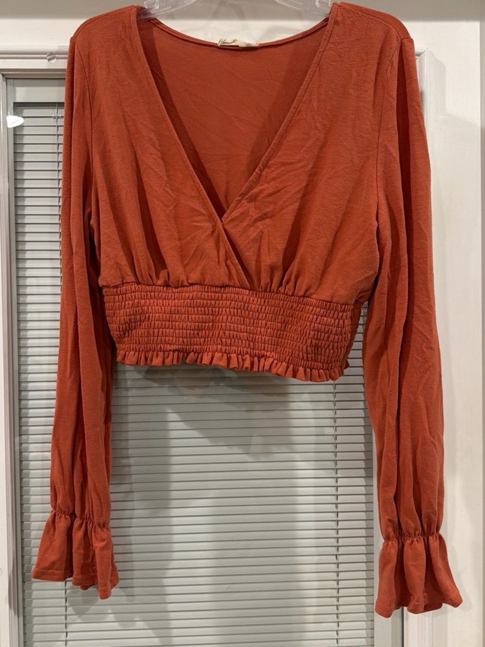 Altar'd State Rust V‑Neck Smocked-Waist Long Sleeve Crop Top